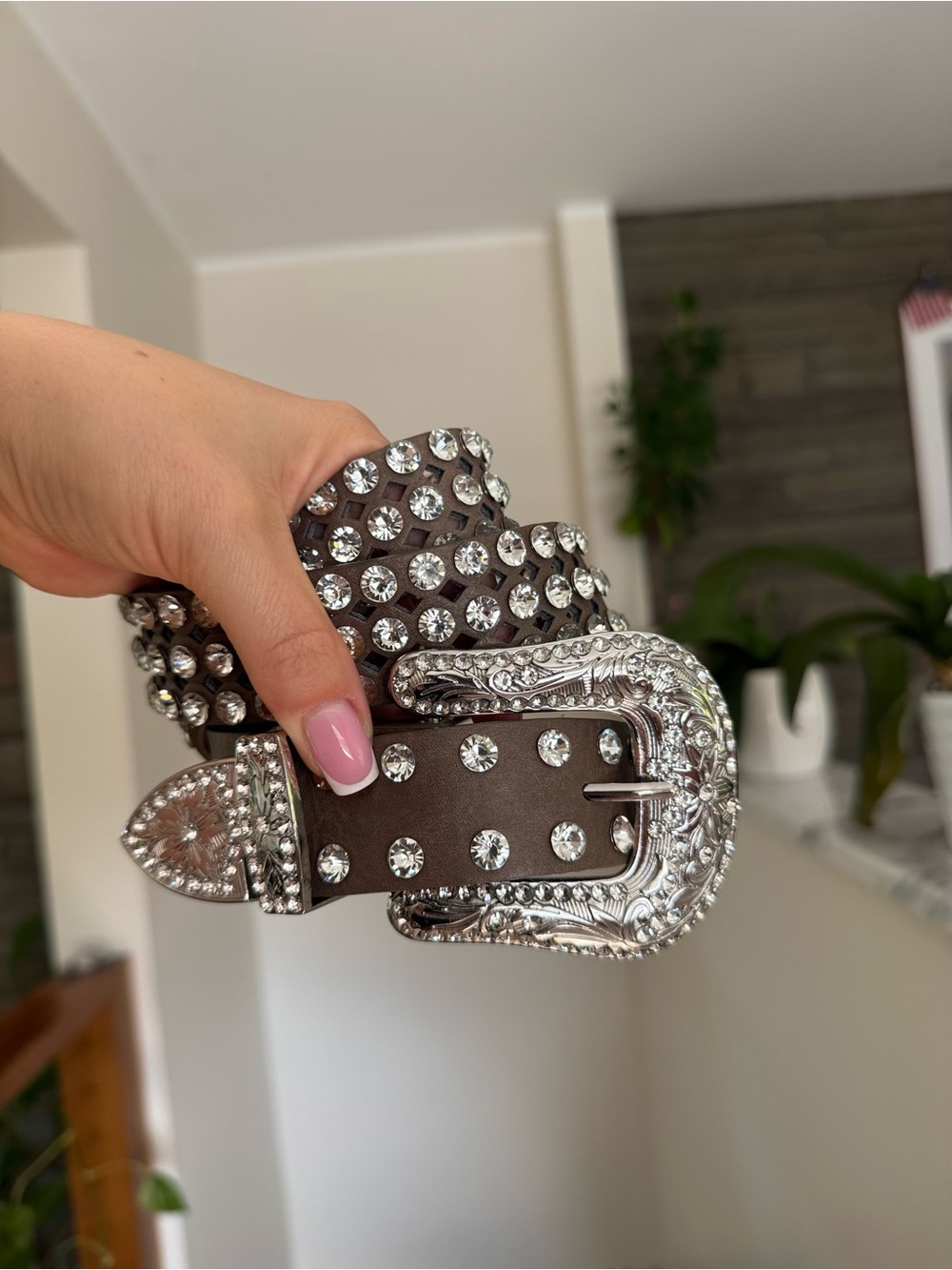 Women's Brown Leather Western Belt with Silver Crystal Buckle